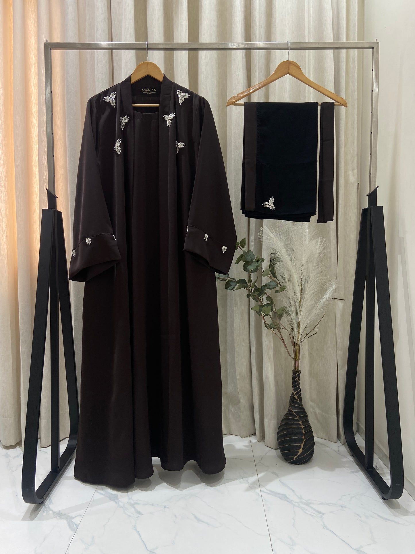 Two piece Handworked abaya In Brown