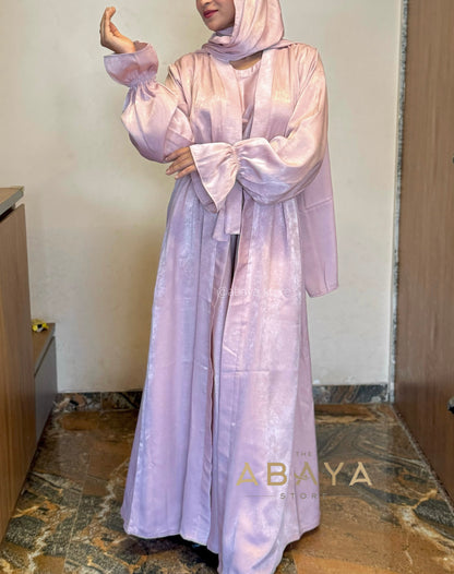 Haniyah Two Piece Abaya in Pastel Peach velvet satin