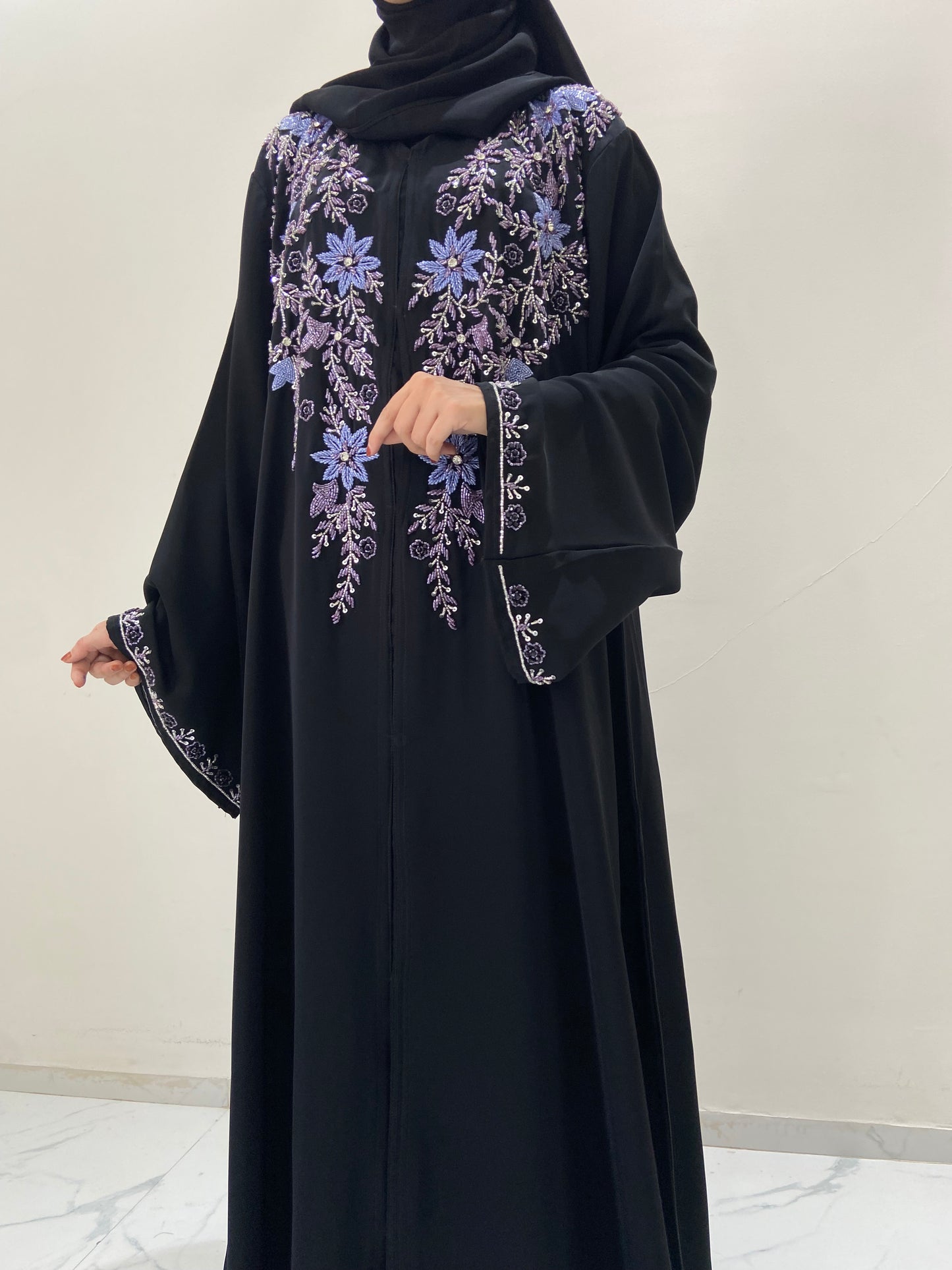 Lavender Vine Designer Black Abaya