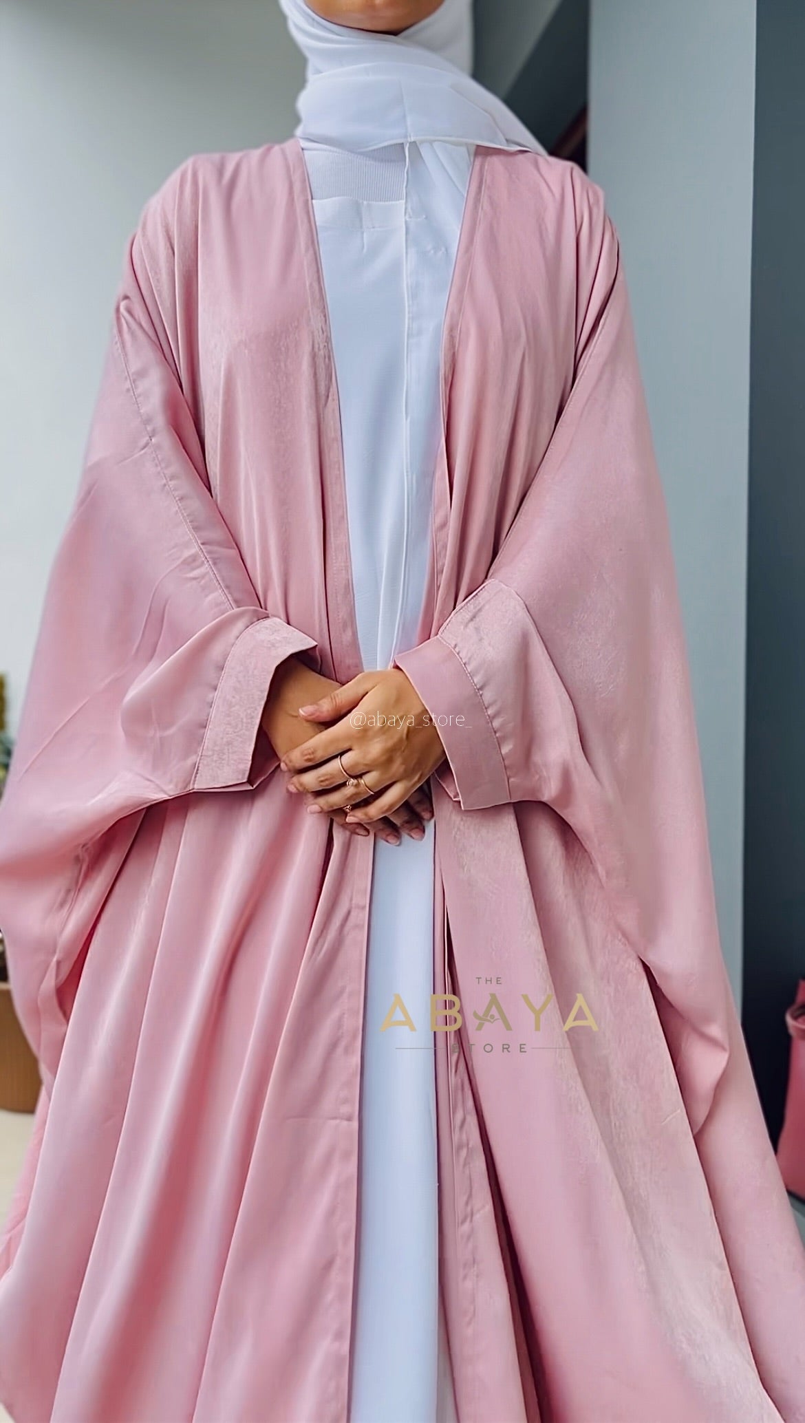 Two Piece Satin Velvet Abaya in Pastel Peach