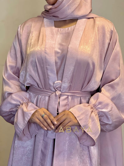 Haniyah Two Piece Abaya in Pastel Peach velvet satin