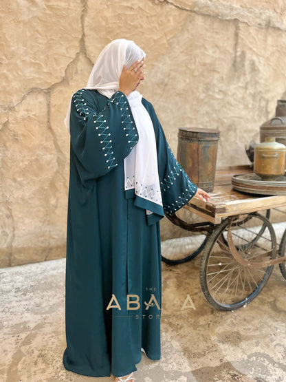 Embroidered Semi Bisht  Buttoned Abaya - The Abaya Store