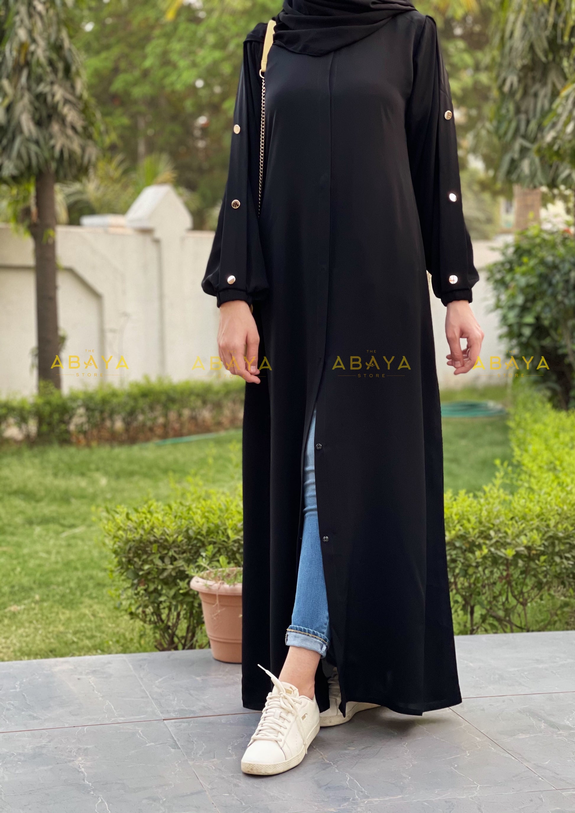 Elasticated Sleeves  Gold Buttoned Abaya - The Abaya Store