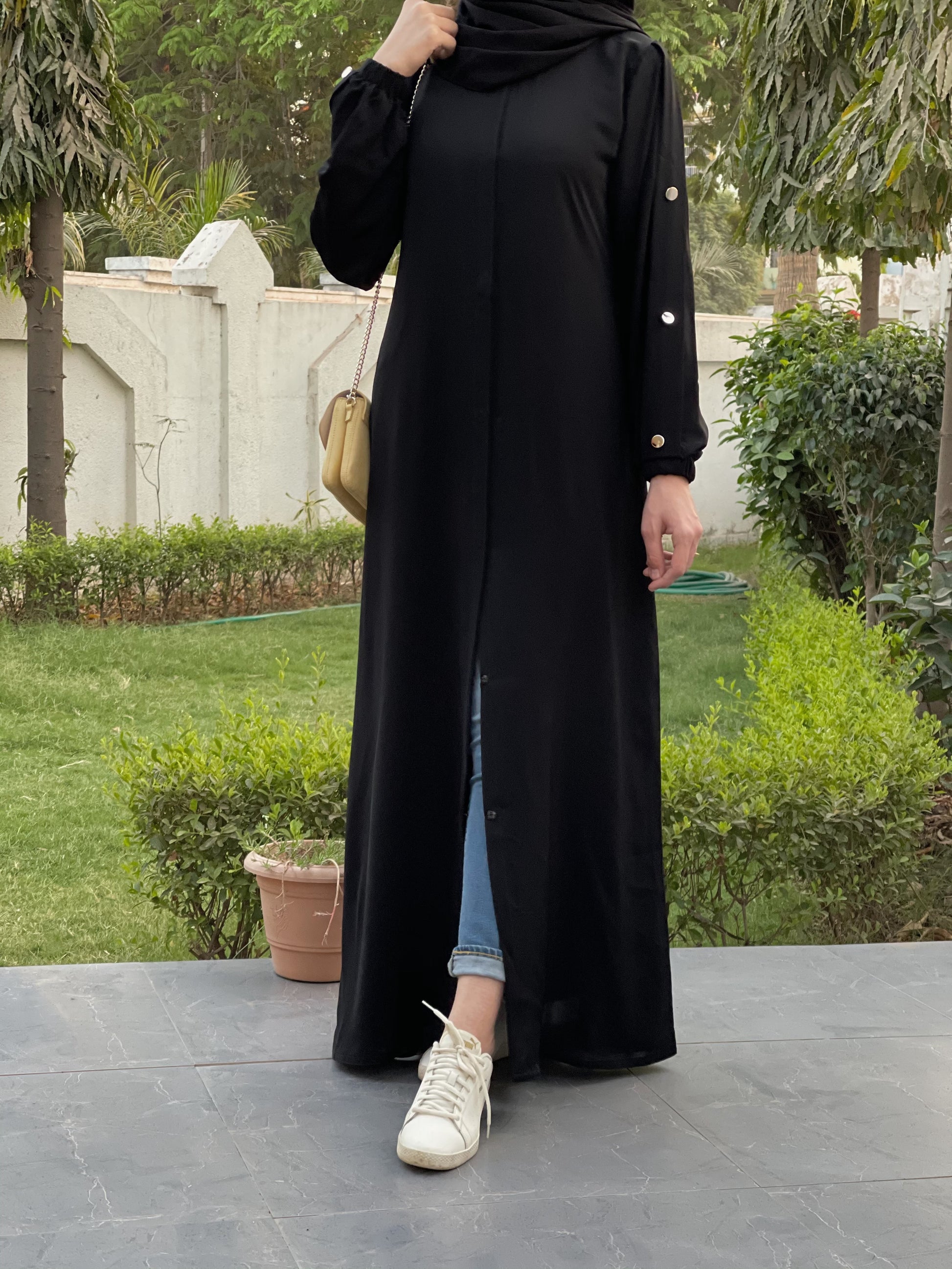 Elasticated Sleeves  Gold Buttoned Abaya - The Abaya Store