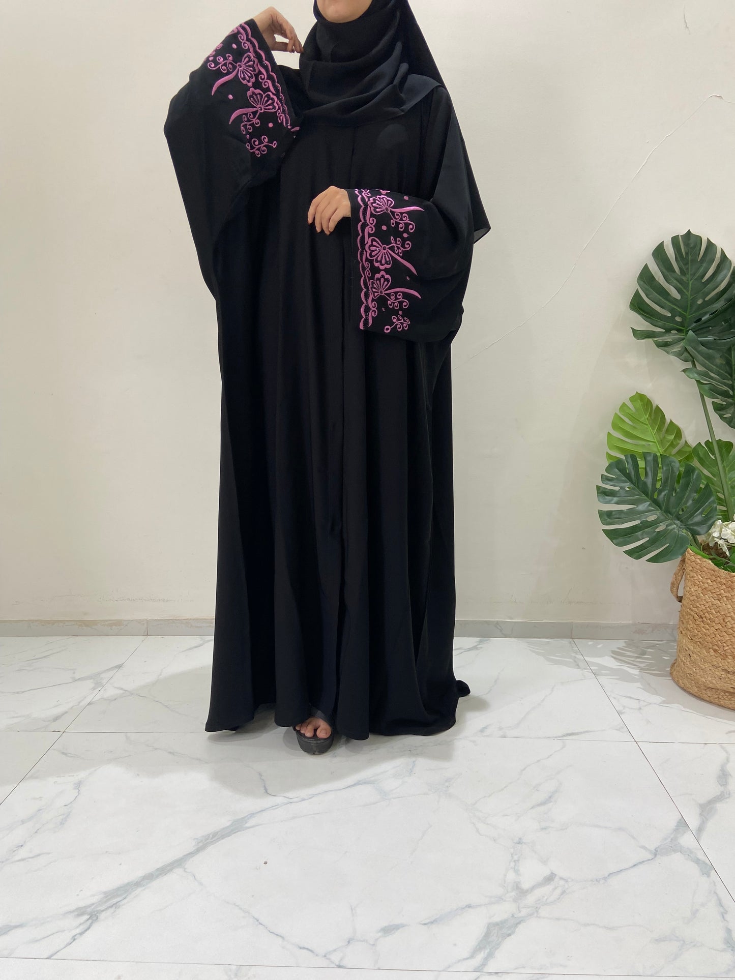 Pink Embroidered Bisht Style Abaya