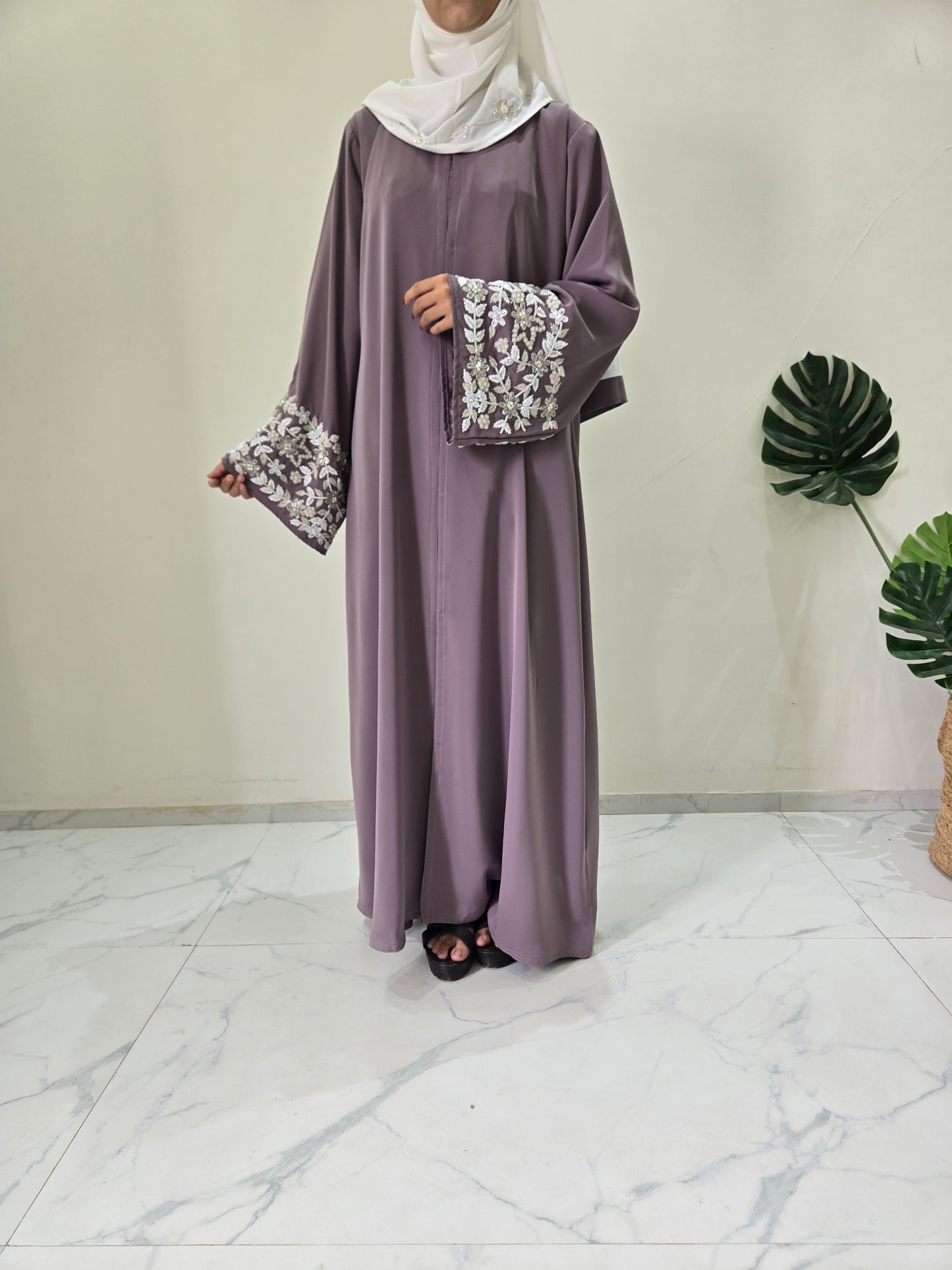 Lilac Grey luxe floral Abaya