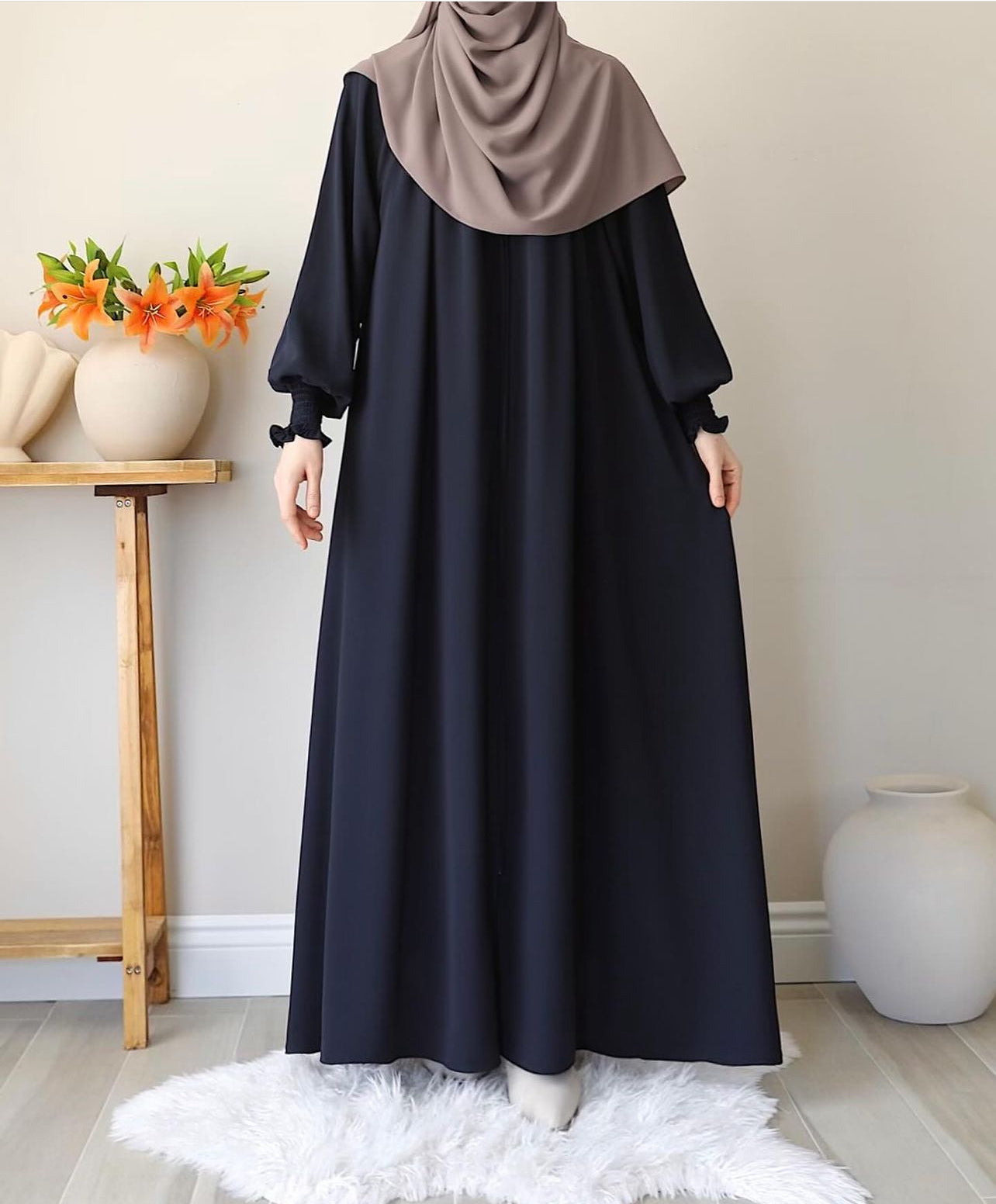 Rutched Sleeves Zipper Basic - The Abaya Store