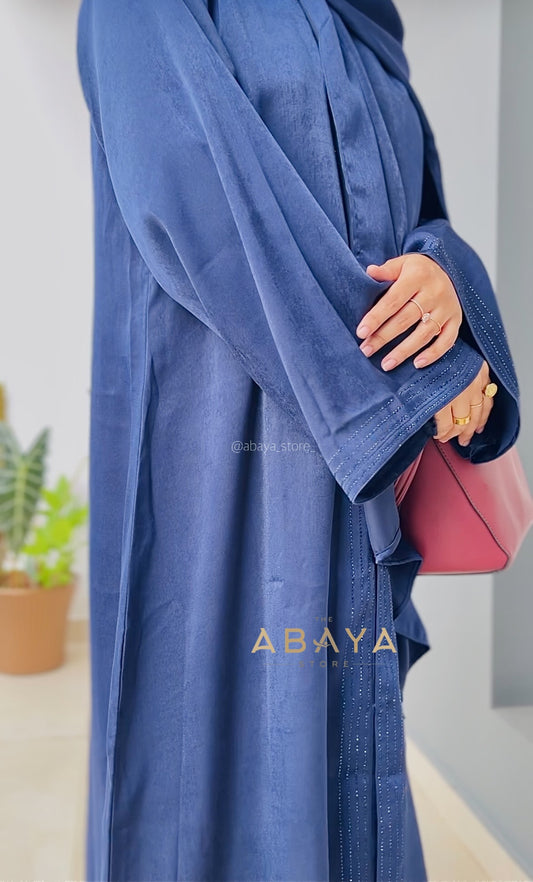 Navy Rhinestone Satin Velvet Abaya