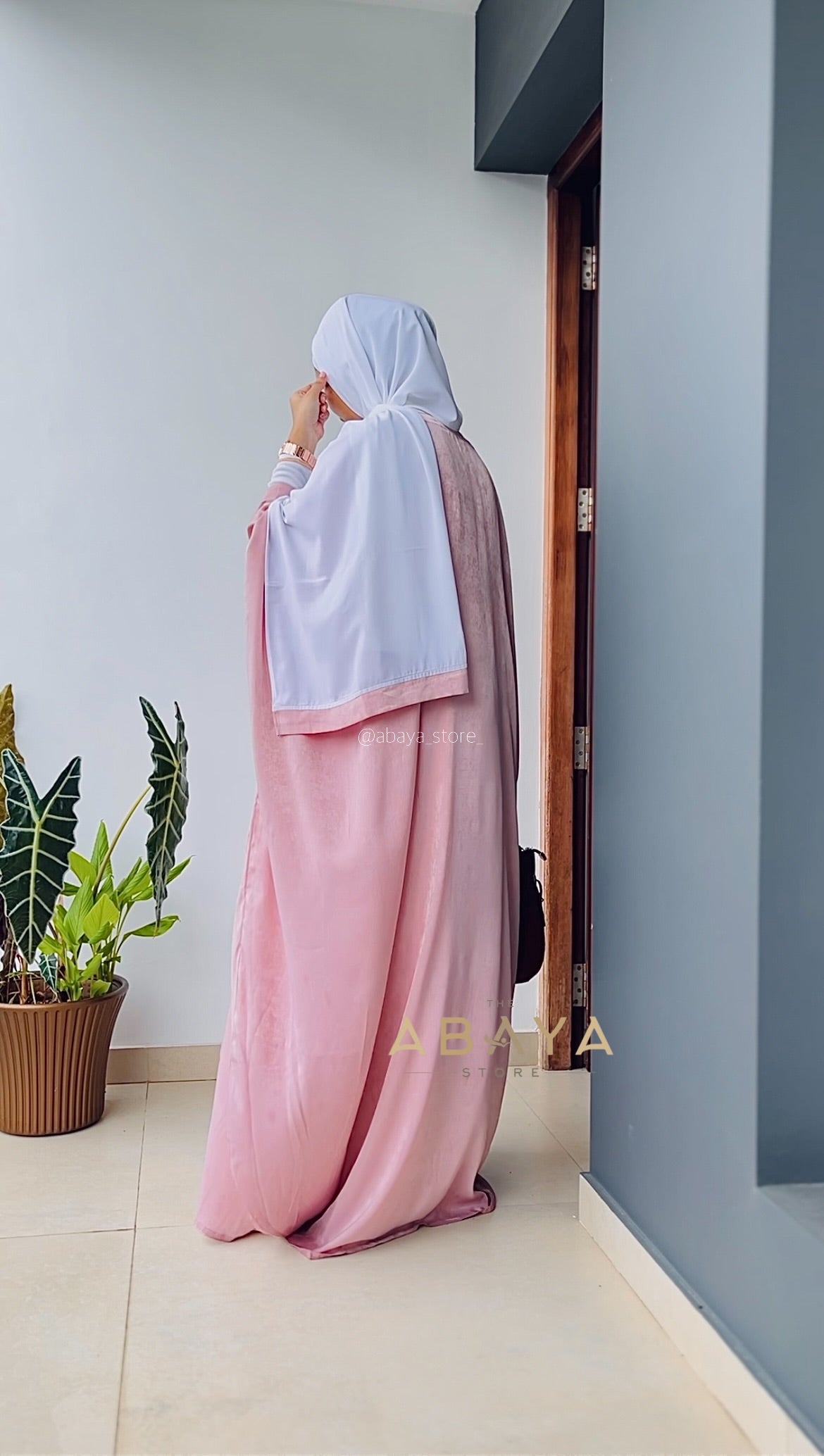 Two Piece Satin Velvet Abaya in Pastel Peach