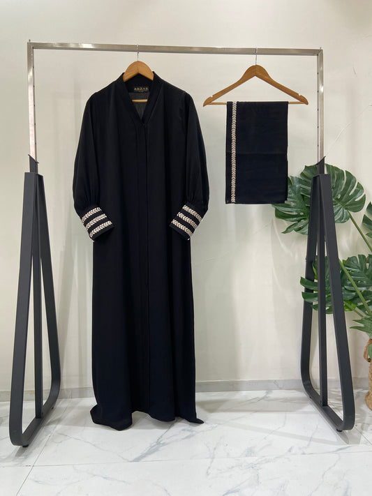 Black abaya with Premium Cuff Embroidered Detailing