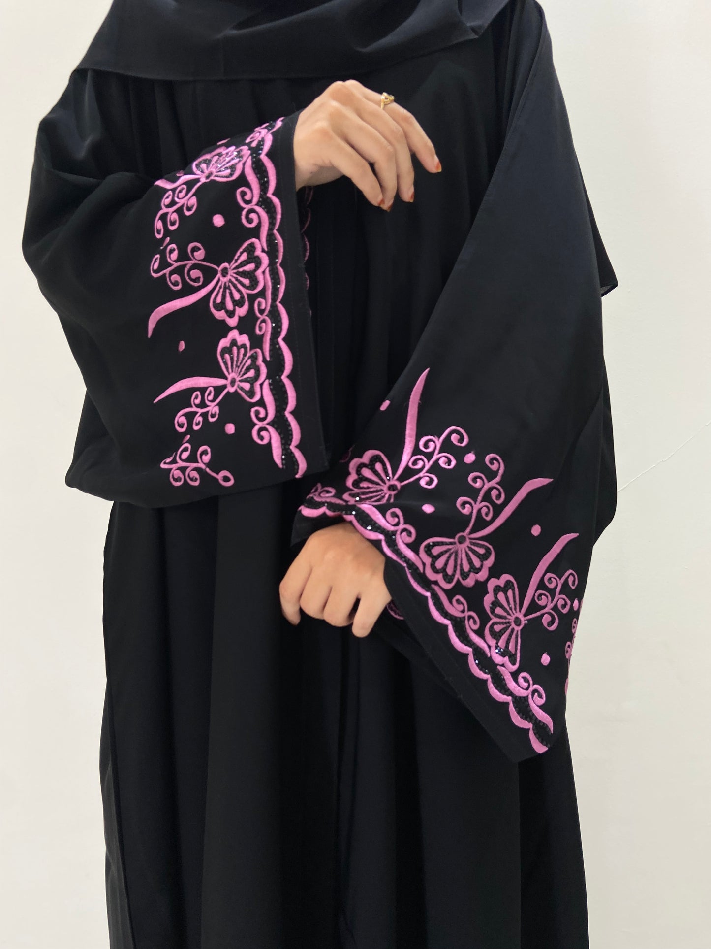 Pink Embroidered Bisht Style Abaya