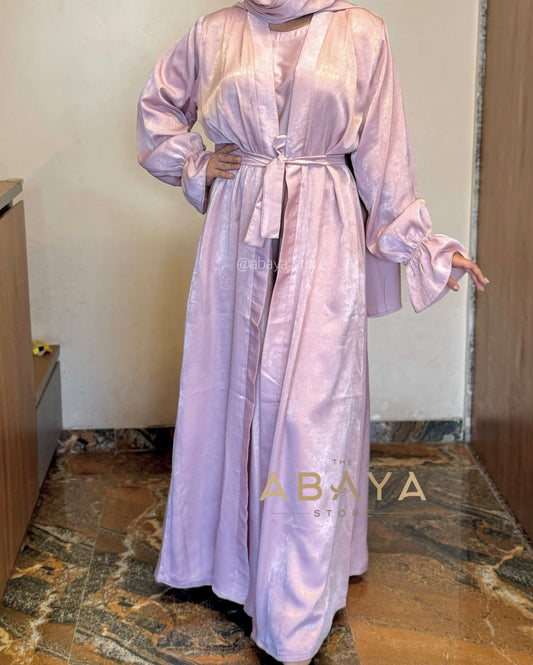 Haniyah Two Piece Abaya in Pastel Peach velvet satin