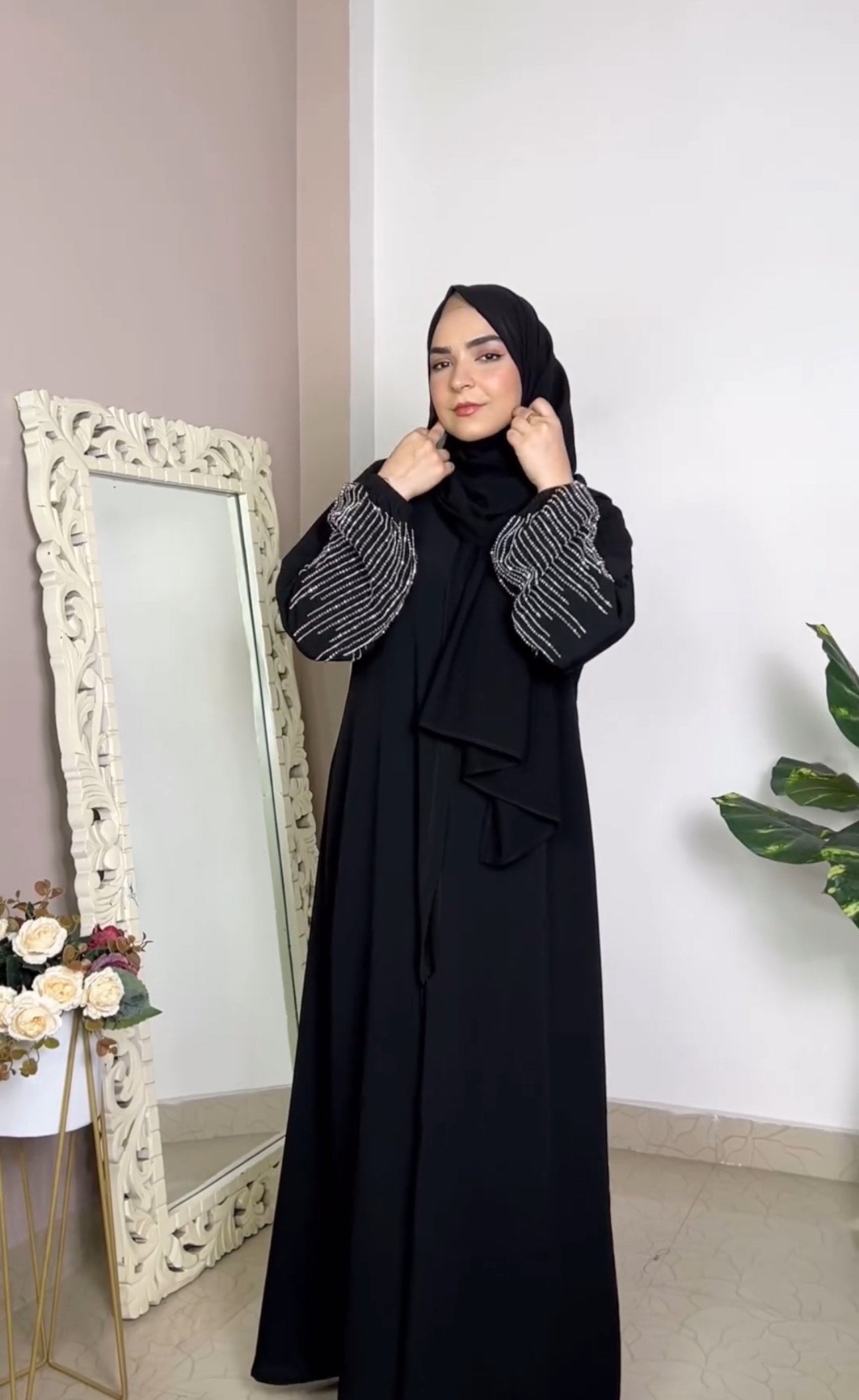 Shimmery Elasticated Sleeves handworked Abaya - The Abaya Store