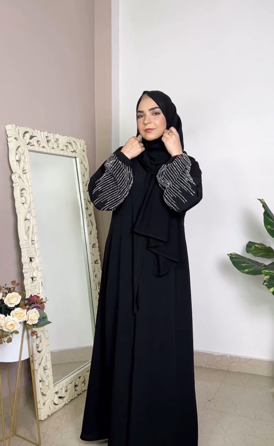 Shimmery Elasticated Sleeves handworked Abaya - The Abaya Store