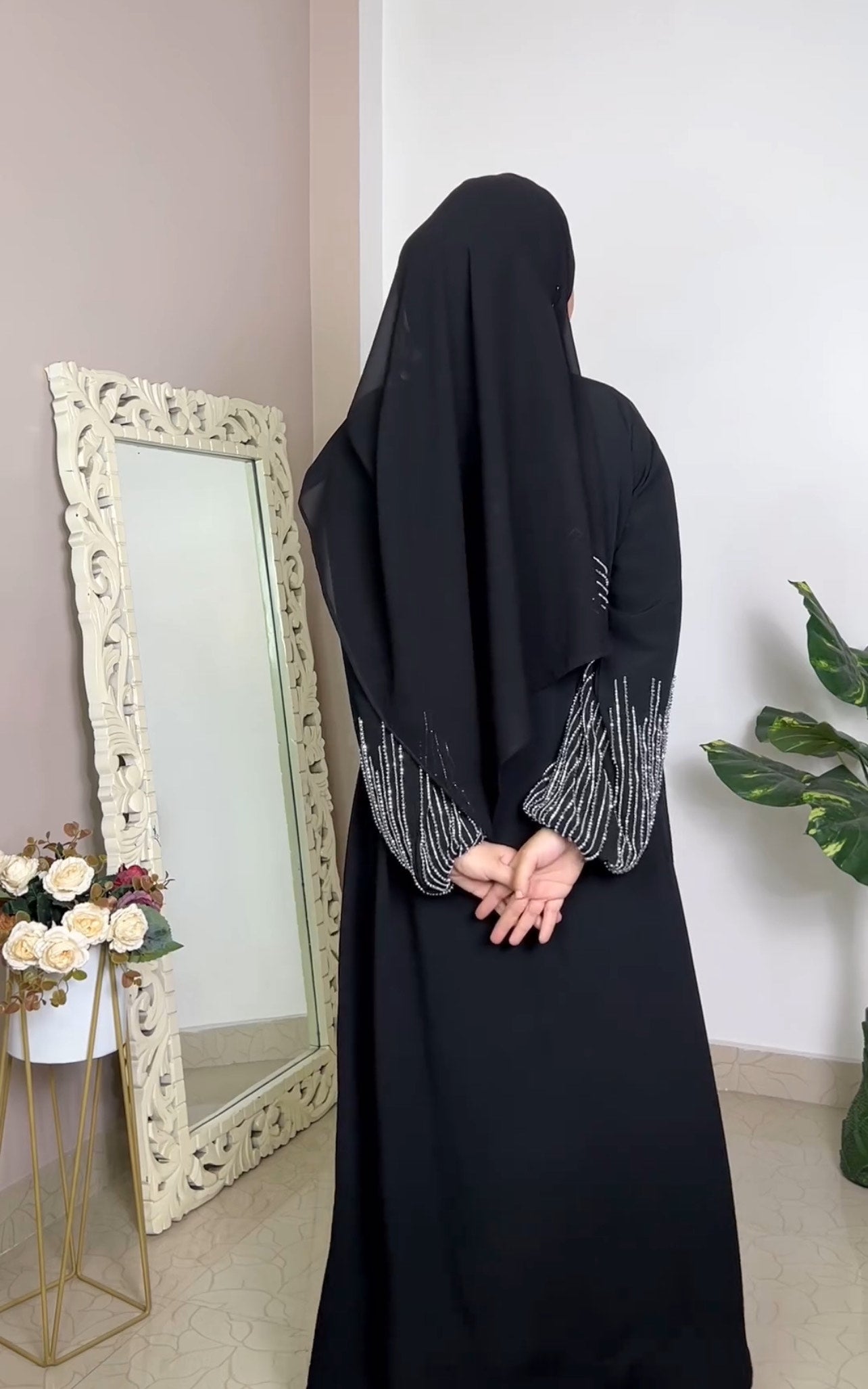 Shimmery Elasticated Sleeves handworked Abaya - The Abaya Store