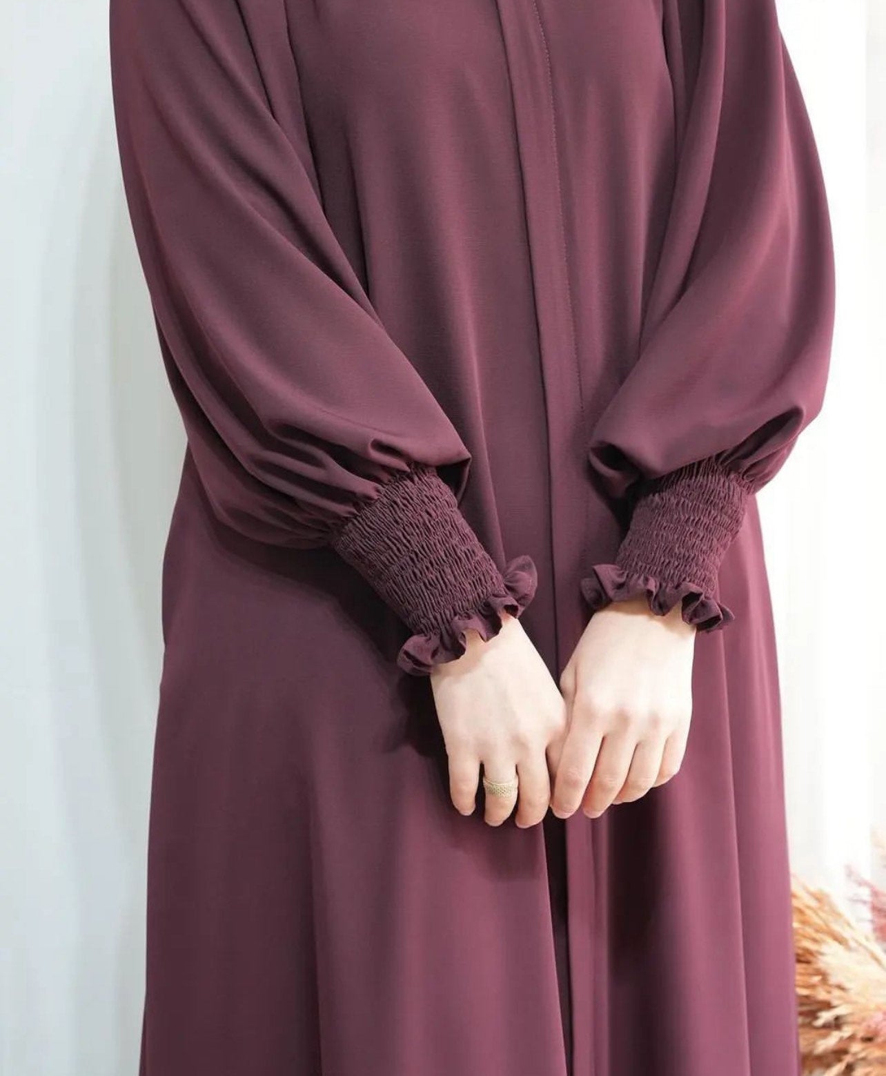 Basic Buttoned Rutched Sleeves Abaya - The Abaya Store