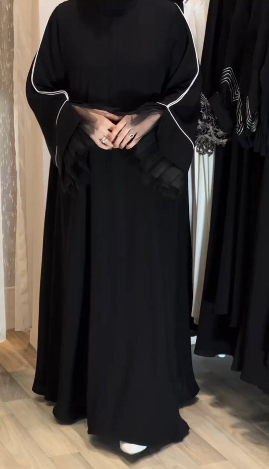 Delicate Piping & Net Sleeves Abaya - The Abaya Store