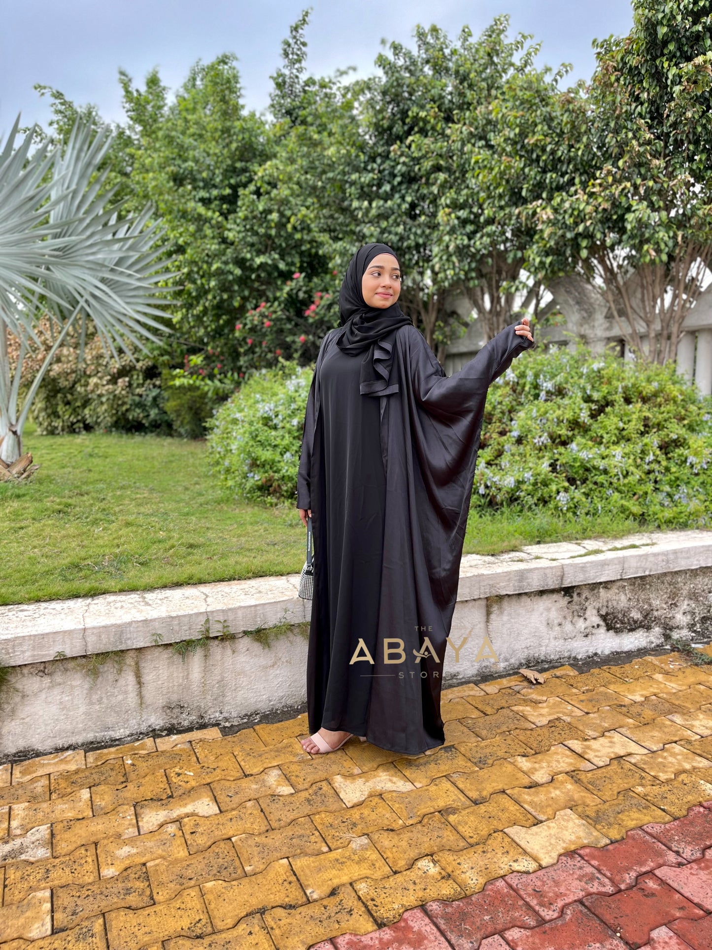 Satin Silk Two Piece Abaya in Black - The Abaya Store