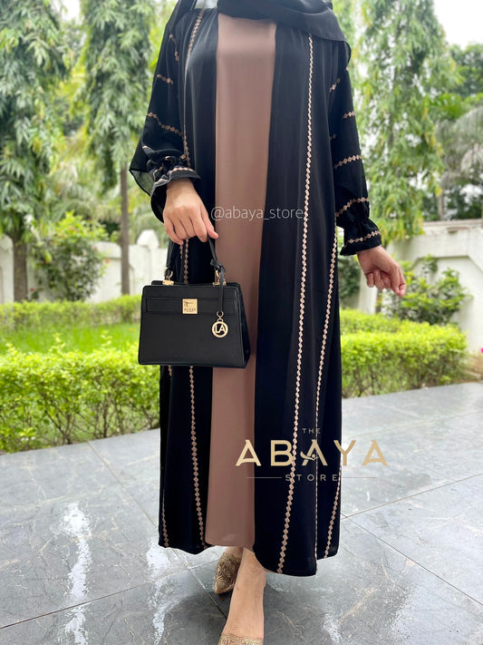 Embroidered Jacket Abaya with light brown inner - The Abaya Store