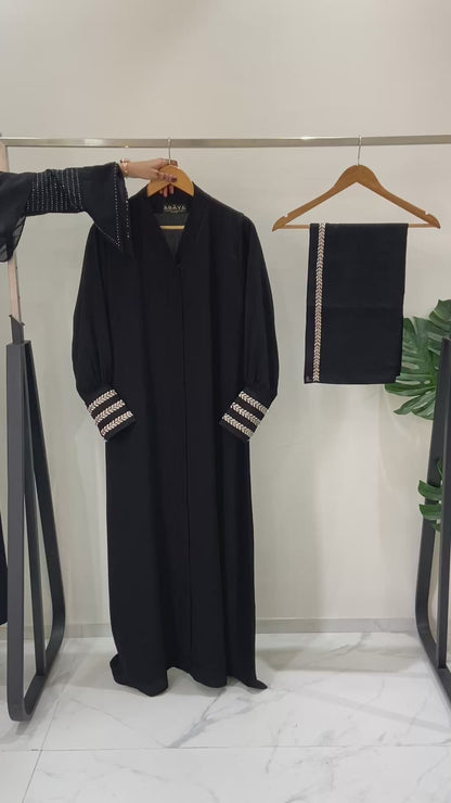 Black abaya with Premium Cuff Embroidered Detailing