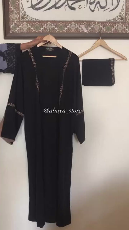 Embroidered Zoom Abaya in Black & Light Brown