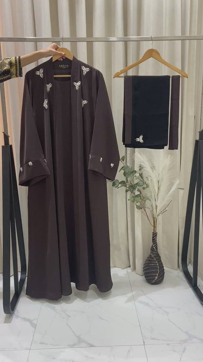 Two piece Handworked abaya In Brown