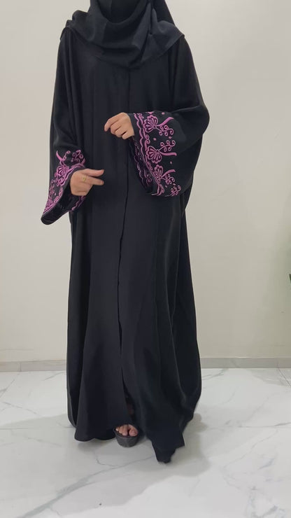 Pink Embroidered Bisht Style Abaya