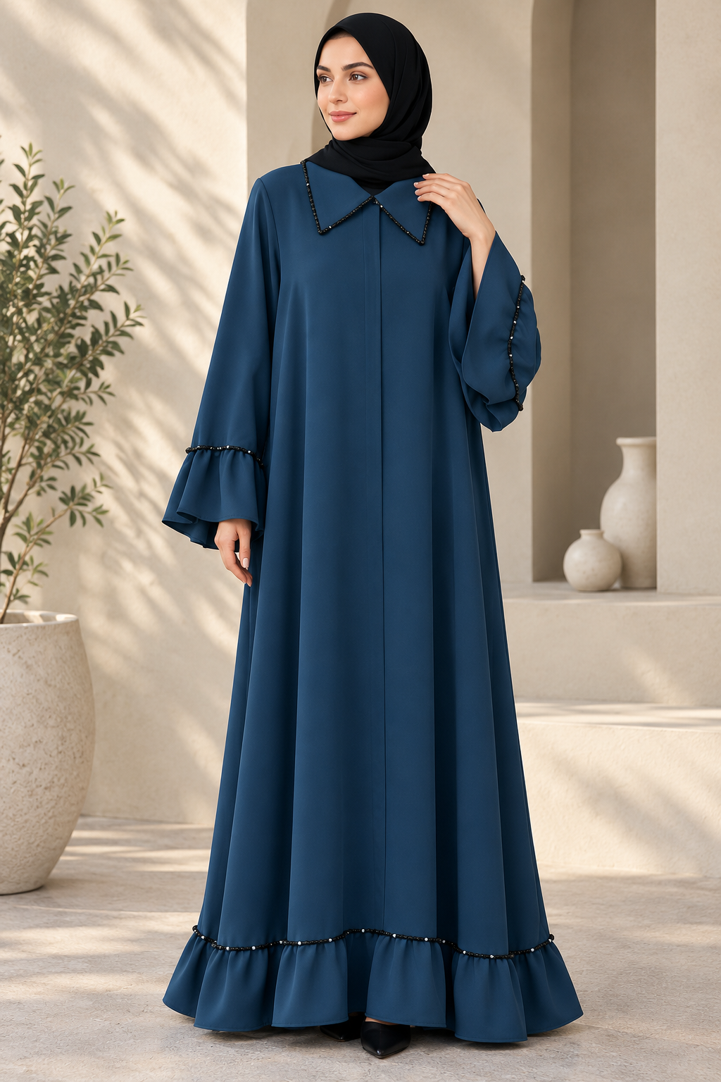 Crystal lace Abaya With Ruffled Hem